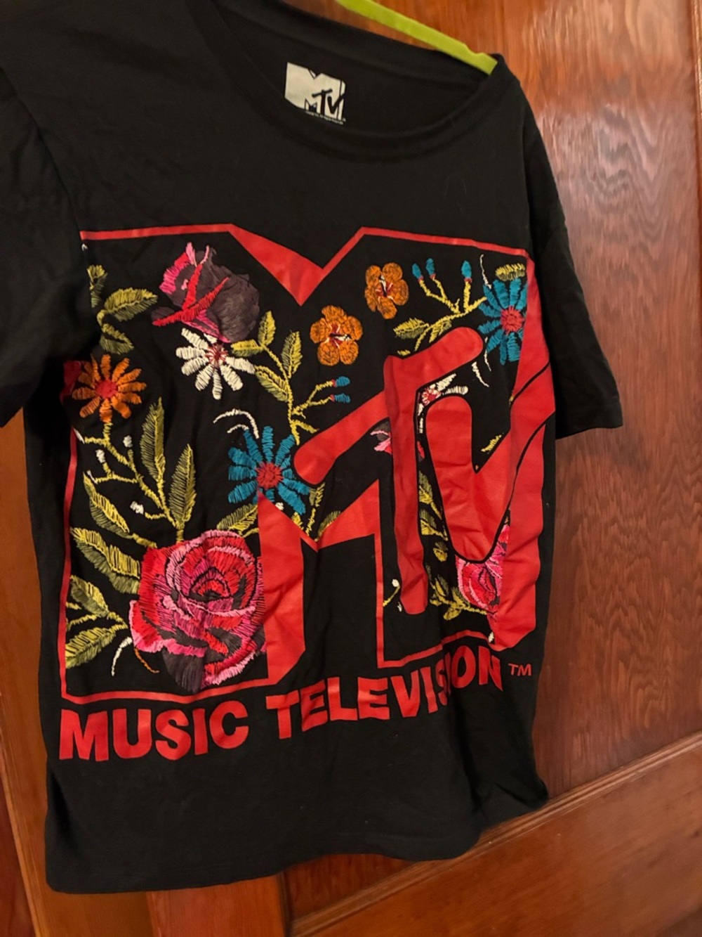 MTV Black Tee with Red Logo and Floral Embroidery